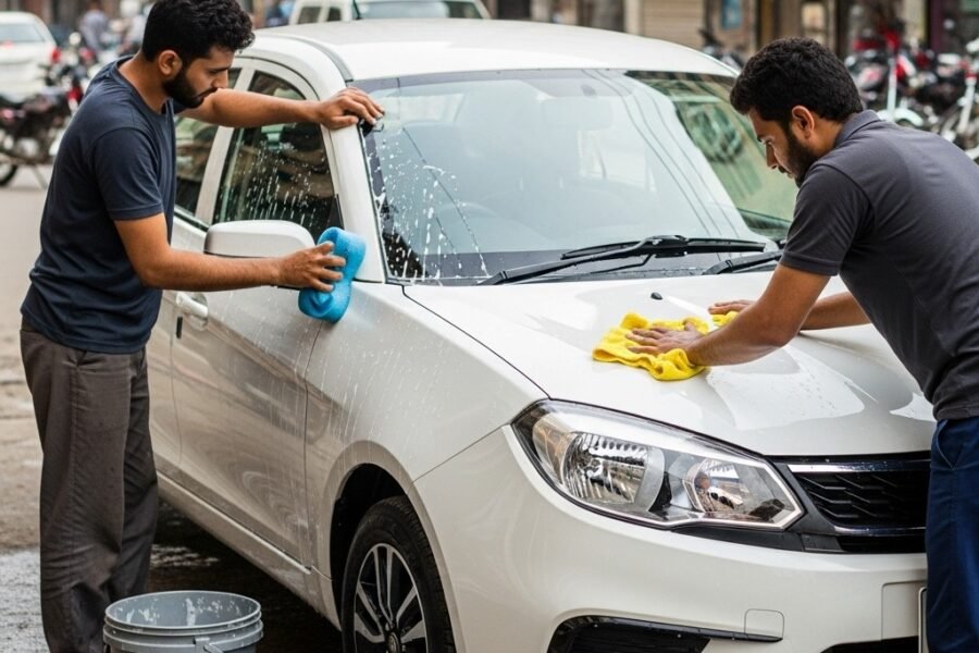 Two male car detailers washing and polishing a white Proton Saga sedan on a Karachi street with shiny paint, clean wheels, and realistic urban background.