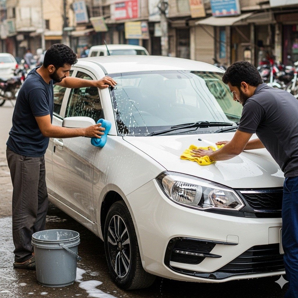 Two male car detailers washing and polishing a white Proton Saga sedan on a Karachi street with shiny paint, clean wheels, and realistic urban background.