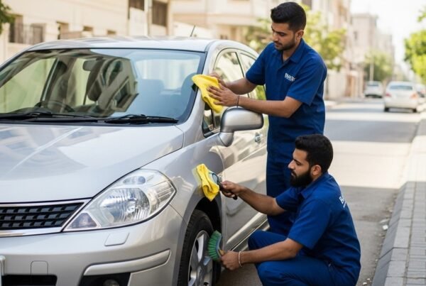 Hyper-realistic image of a silver Nissan Tiida sedan being cleaned by two Bulao.pk technicians on a sunlit Karachi street. One technician polishes the hood and panels while the other cleans the wheels.
