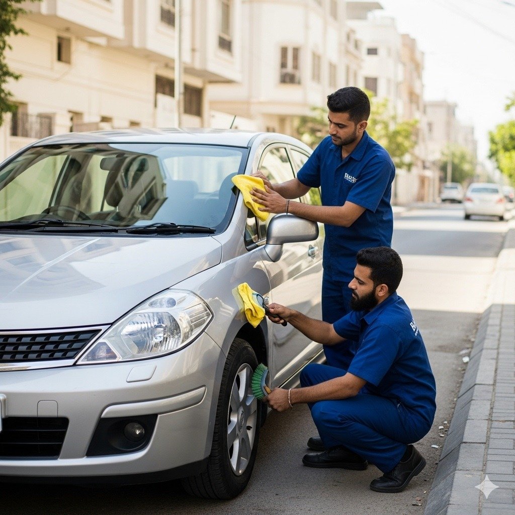 Hyper-realistic image of a silver Nissan Tiida sedan being cleaned by two Bulao.pk technicians on a sunlit Karachi street. One technician polishes the hood and panels while the other cleans the wheels.