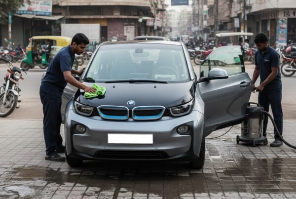 BMW i3 electric car getting professional cleaning and detailing service, including exterior polish and interior vacuuming for a spotless eco-friendly finish.