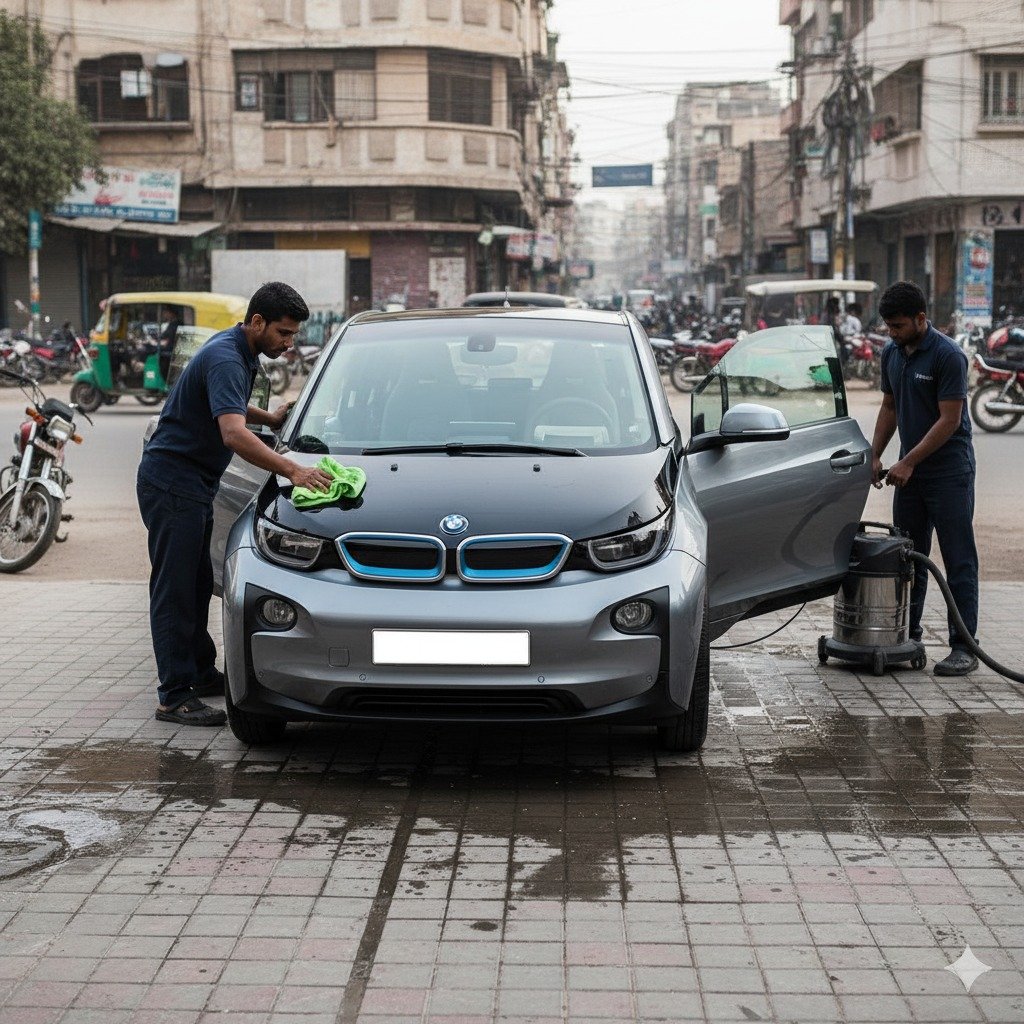 BMW i3 electric car getting professional cleaning and detailing service, including exterior polish and interior vacuuming for a spotless eco-friendly finish.