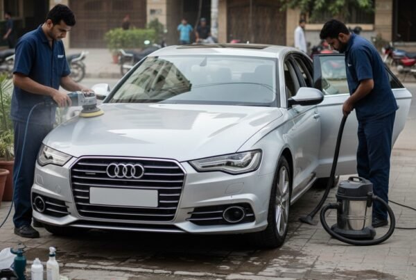 Professional cleaning and detailing of a silver Audi A6 luxury sedan in Karachi with technicians polishing exterior and cleaning interior