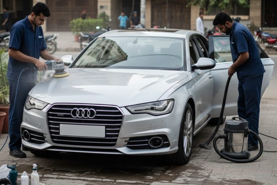 Professional cleaning and detailing of a silver Audi A6 luxury sedan in Karachi with technicians polishing exterior and cleaning interior
