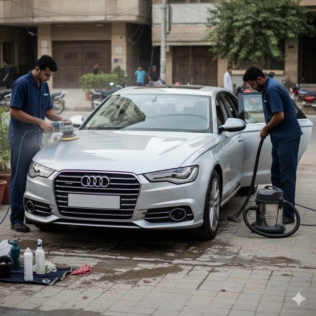 Professional cleaning and detailing of a silver Audi A6 luxury sedan in Karachi with technicians polishing exterior and cleaning interior