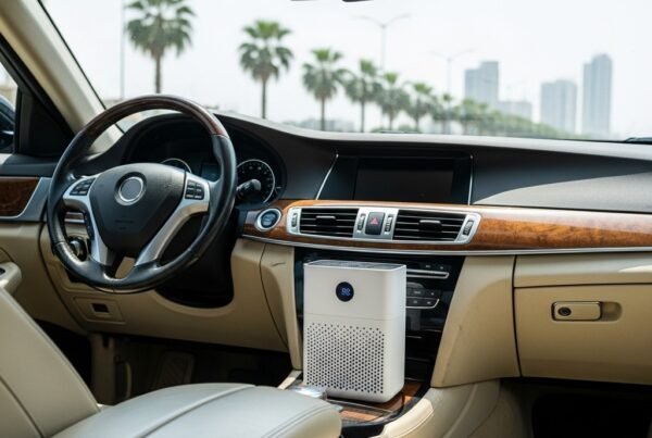 Fresh and spotless car interior in Karachi with clean seats, dust-free dashboard, and air purifier, representing allergy-free and healthy driving environment.