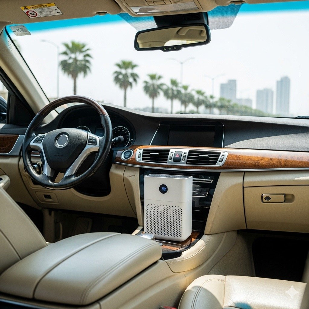Fresh and spotless car interior in Karachi with clean seats, dust-free dashboard, and air purifier, representing allergy-free and healthy driving environment.