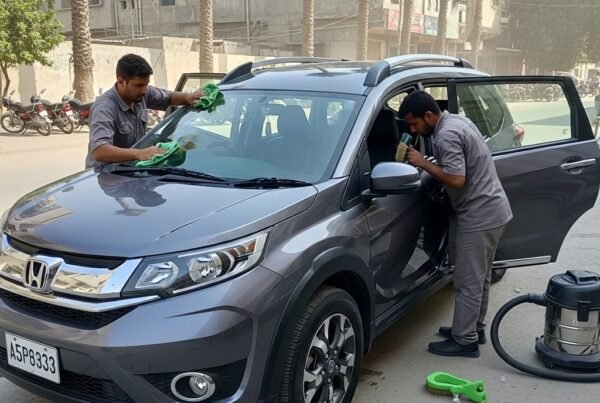 Honda BR-V SUV professionally detailed by two technicians on a Karachi street at Bulao.pk.