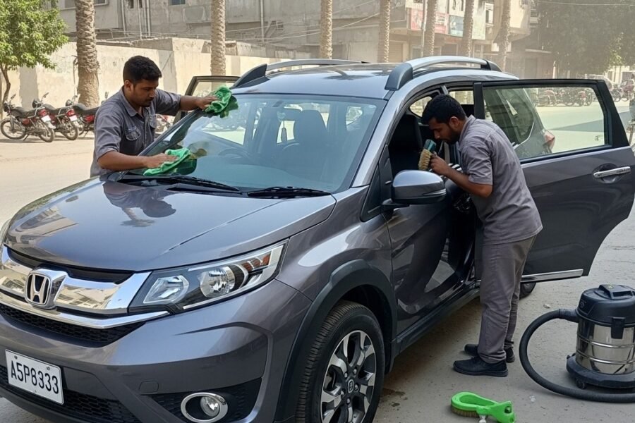 Honda BR-V SUV professionally detailed by two technicians on a Karachi street at Bulao.pk.