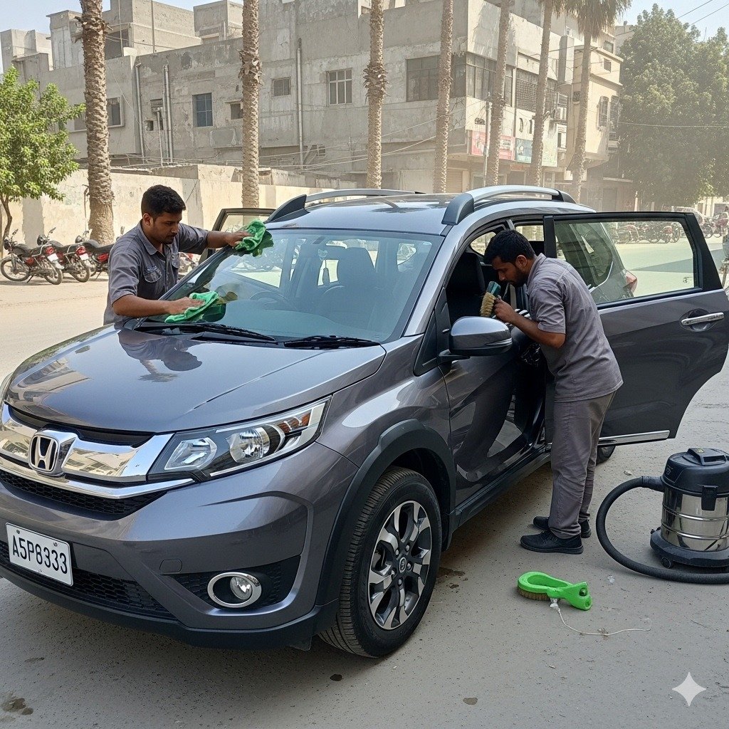 Honda BR-V SUV professionally detailed by two technicians on a Karachi street at Bulao.pk.
