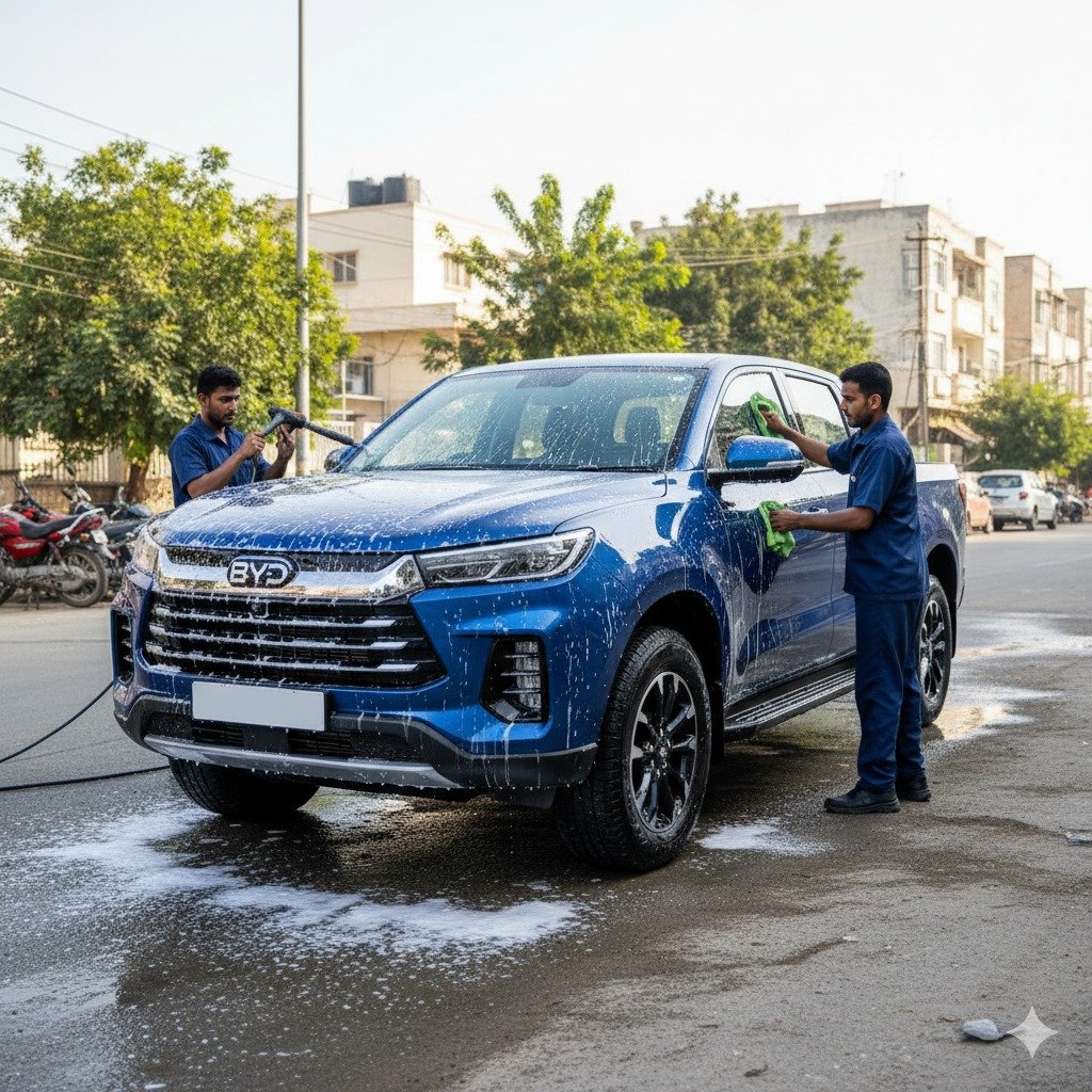 BYD Shark pickup truck cleaning and detailing service in Karachi with technicians washing and polishing for a spotless exterior and showroom finish.