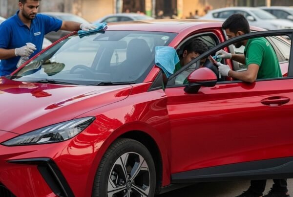 MG4 EV car receiving normal interior and exterior detailing by two technicians in Karachi, Bulao.pk