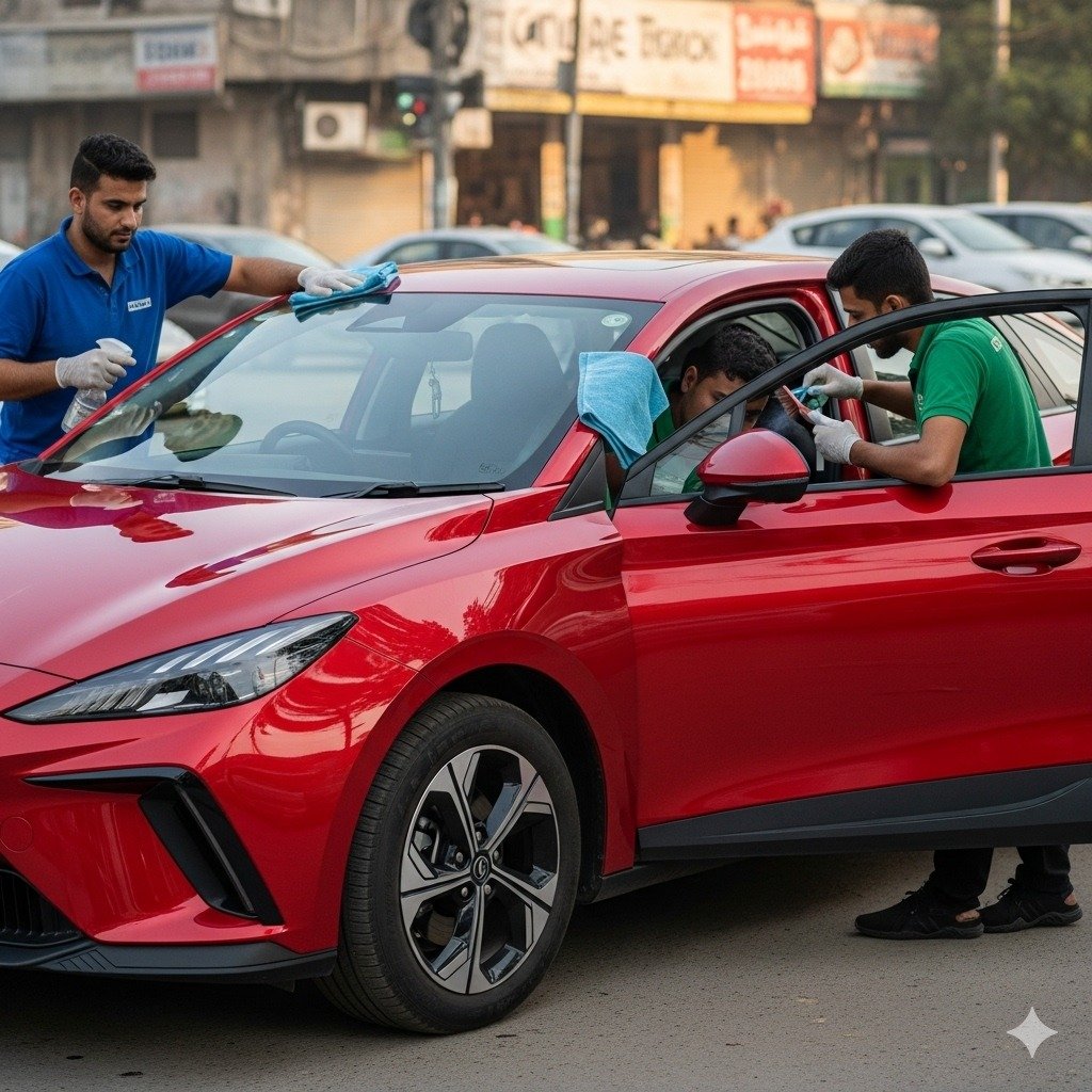 MG4 EV car receiving normal interior and exterior detailing by two technicians in Karachi, Bulao.pk