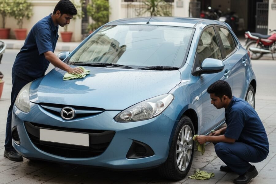 Professional Mazda Demio (Mazda2) car cleaning and detailing service in Karachi with technicians polishing exterior and cleaning wheels for a showroom-quality shine
