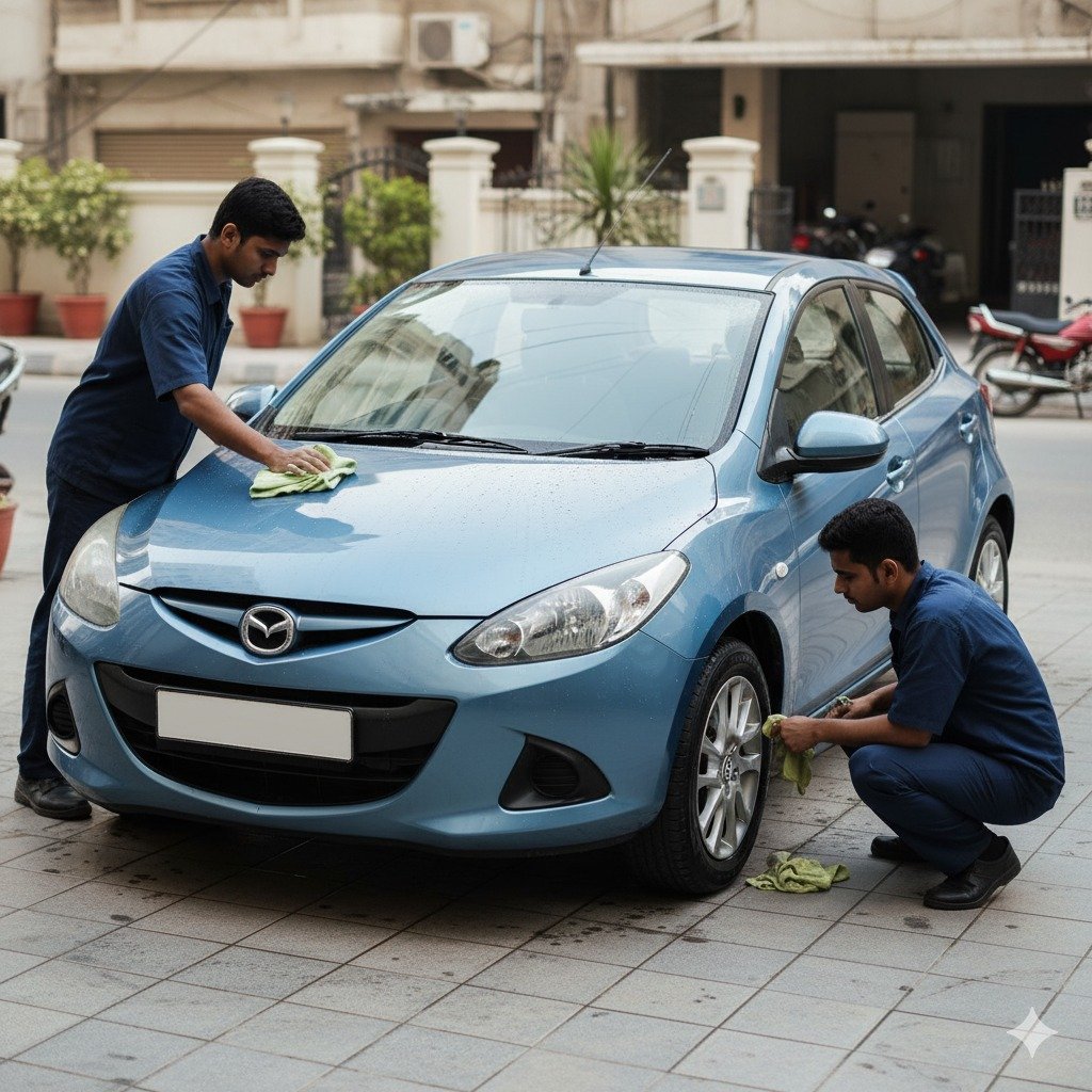 Professional Mazda Demio (Mazda2) car cleaning and detailing service in Karachi with technicians polishing exterior and cleaning wheels for a showroom-quality shine