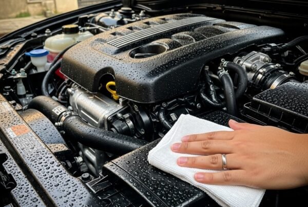 Clean and shiny car engine bay being wiped with a microfiber cloth in a Karachi driveway, showing safe engine cleaning and professional detailing care by Bulao.pk.