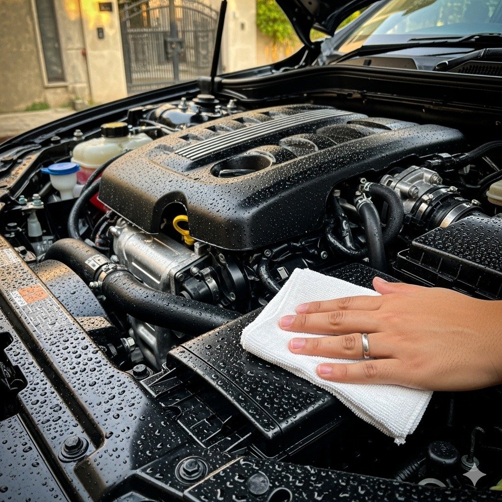 Clean and shiny car engine bay being wiped with a microfiber cloth in a Karachi driveway, showing safe engine cleaning and professional detailing care by Bulao.pk.