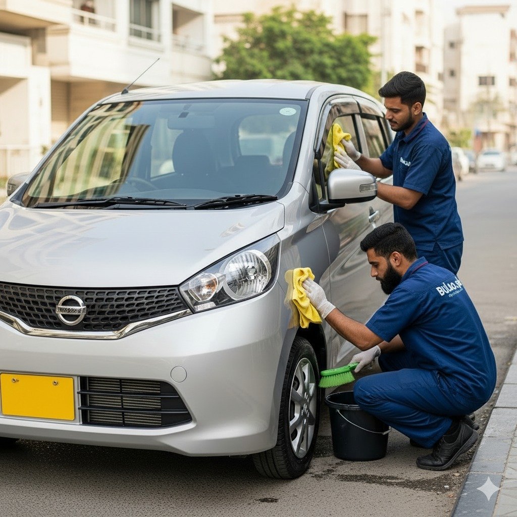Hyper-realistic image of a silver Nissan Dayz compact hatchback being cleaned by two Bulao.pk technicians on a Karachi street. One polishes the hood and doors while the other cleans the wheels.