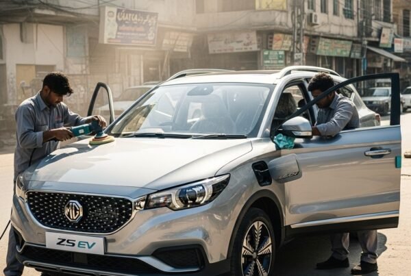 Hyper-realistic MG ZS EV detailing by two technicians on a Karachi street at Bulao.pk.