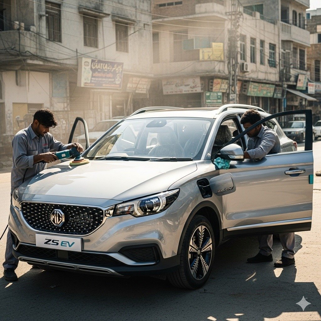 Hyper-realistic MG ZS EV detailing by two technicians on a Karachi street at Bulao.pk.