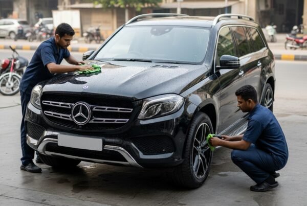 Mercedes-Benz GLS luxury SUV getting professional exterior cleaning and detailing service, with technicians polishing the body and cleaning wheels for a showroom finish.