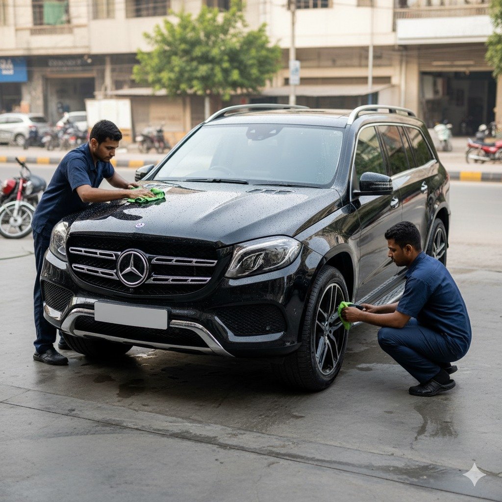 Mercedes-Benz GLS luxury SUV getting professional exterior cleaning and detailing service, with technicians polishing the body and cleaning wheels for a showroom finish.