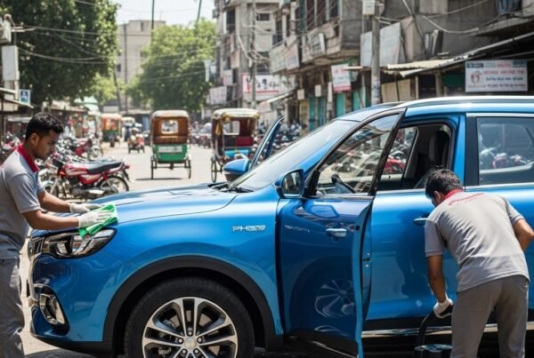 MG HS Plug-in Hybrid SUV professionally detailed by two technicians on a Karachi street at Bulao.pk