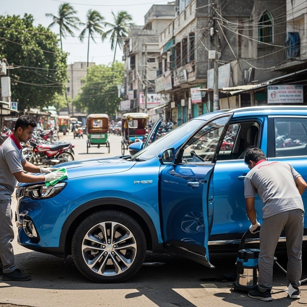 MG HS Plug-in Hybrid SUV professionally detailed by two technicians on a Karachi street at Bulao.pk