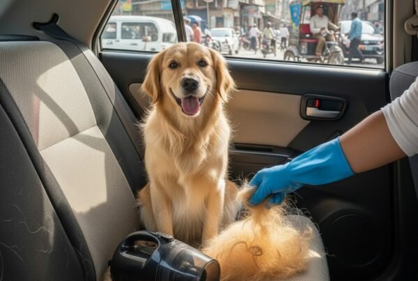 Pet hair removal from car seats using rubber gloves in a Karachi car interior, golden retriever sitting in backseat, showcasing effective car pet hair cleaning methods by Bulao.pk.