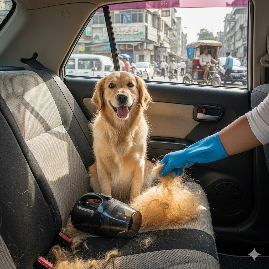 Pet hair removal from car seats using rubber gloves in a Karachi car interior, golden retriever sitting in backseat, showcasing effective car pet hair cleaning methods by Bulao.pk.