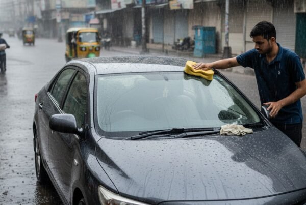 Person cleaning and protecting a Corolla in a rainy Karachi street during monsoon, with wet roads, water puddles, closed windows, and car waxing, demonstrating monsoon car maintenance and protection