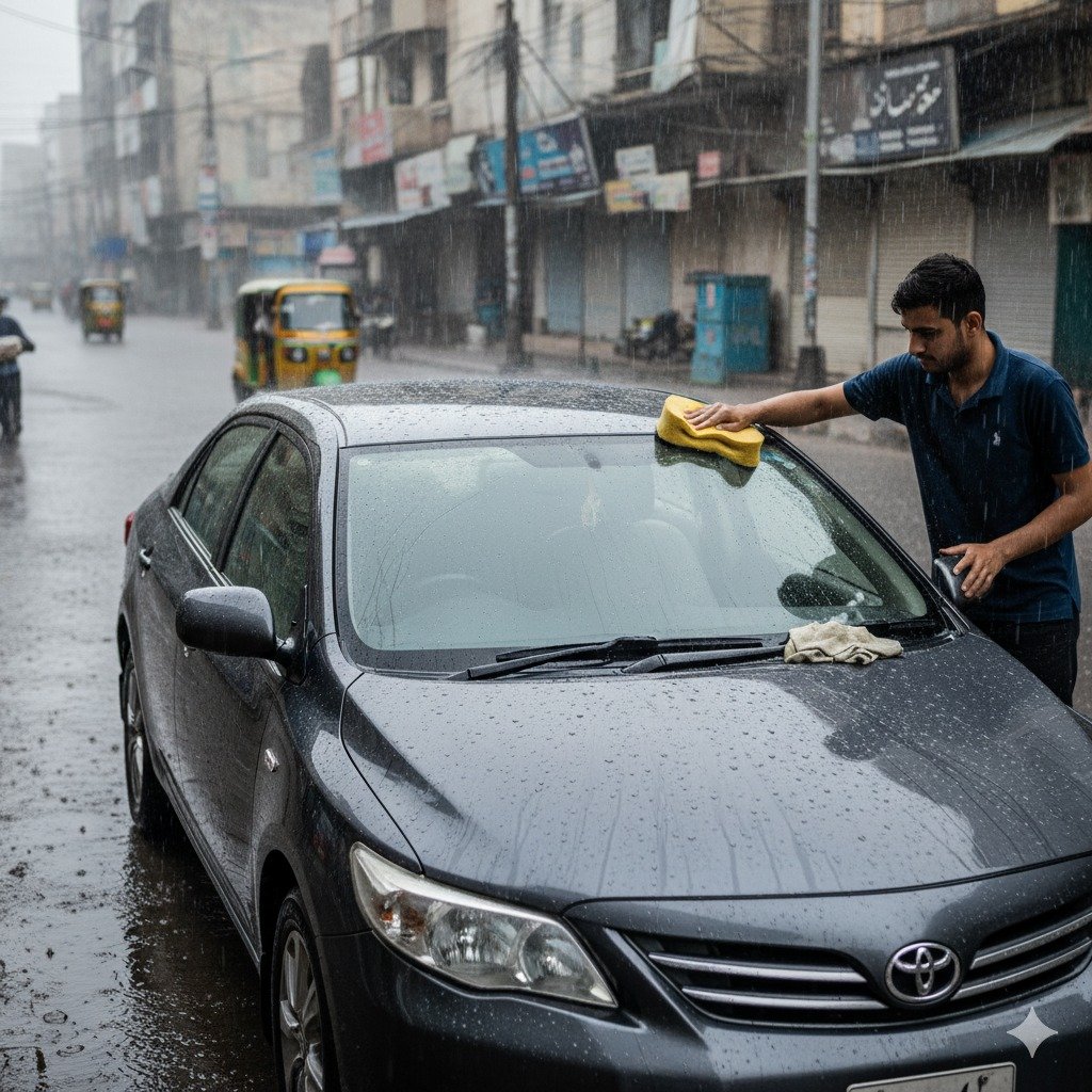 Person cleaning and protecting a Corolla in a rainy Karachi street during monsoon, with wet roads, water puddles, closed windows, and car waxing, demonstrating monsoon car maintenance and protection