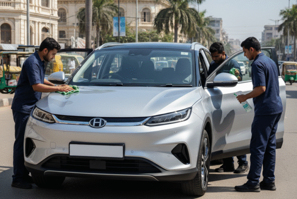 BYD Atto 3 electric SUV complete cleaning and detailing service in Karachi – technicians in plain navy blue uniforms cleaning exterior and interior for a polished, pristine finish.