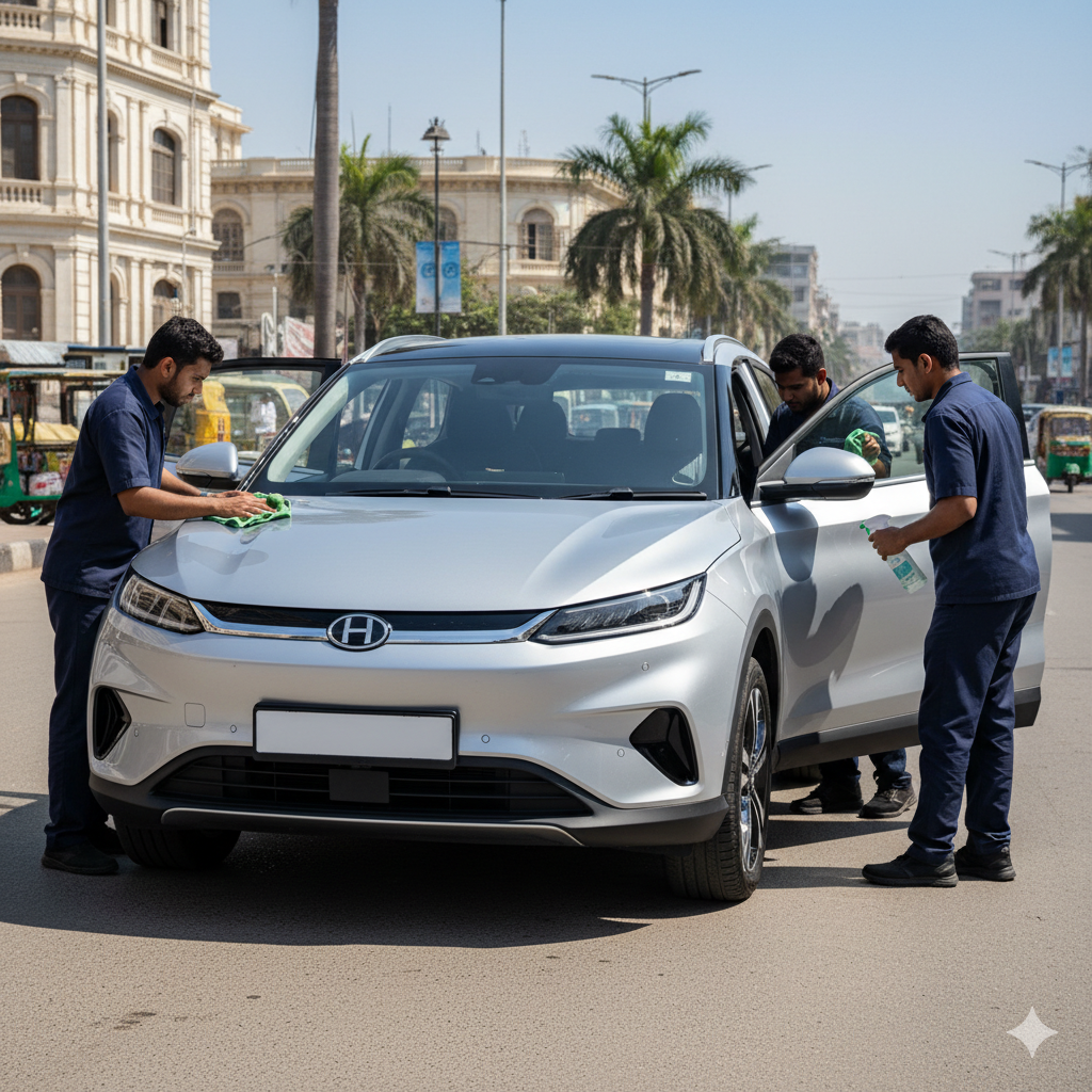 BYD Atto 3 electric SUV complete cleaning and detailing service in Karachi – technicians in plain navy blue uniforms cleaning exterior and interior for a polished, pristine finish.