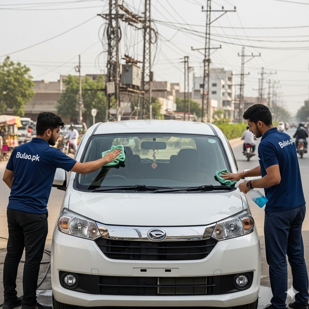 Two professional car cleaning technicians in navy blue Bulao.pk uniforms cleaning a shiny white Daihatsu Boon on a Karachi street, with a lively urban background and bright daylight, emphasizing a fresh and polished look.