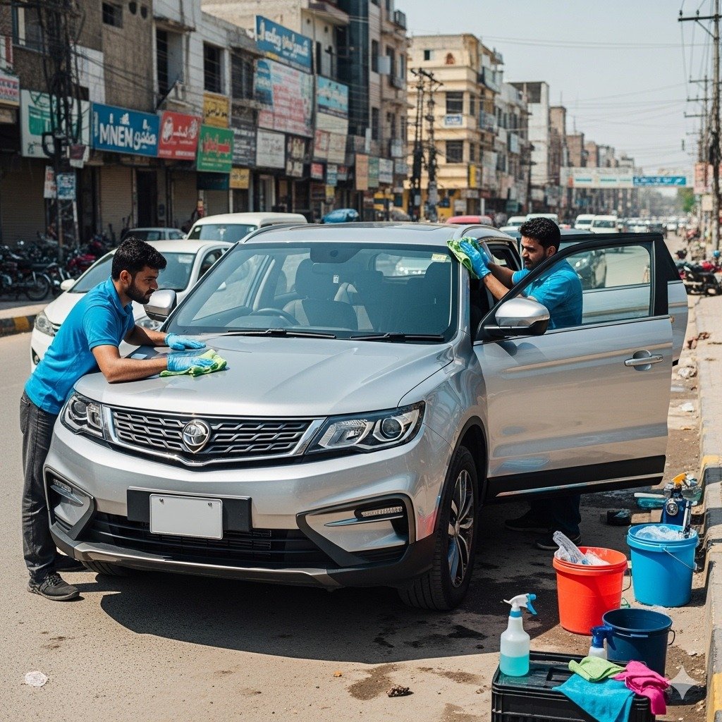 Two technicians detailing a silver Proton X70 SUV on a Karachi street. One wipes the hood with a microfiber cloth while the other cleans the dashboard through the open door. The SUV looks polished and shiny with no number plate visible, and Karachi’s shops and light traffic form the background.