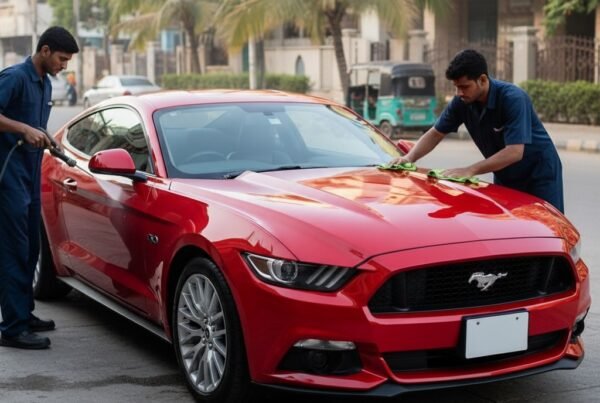 Ford Mustang car cleaning and detailing service in Karachi, technicians washing and polishing the muscle car for a showroom-quality finish.