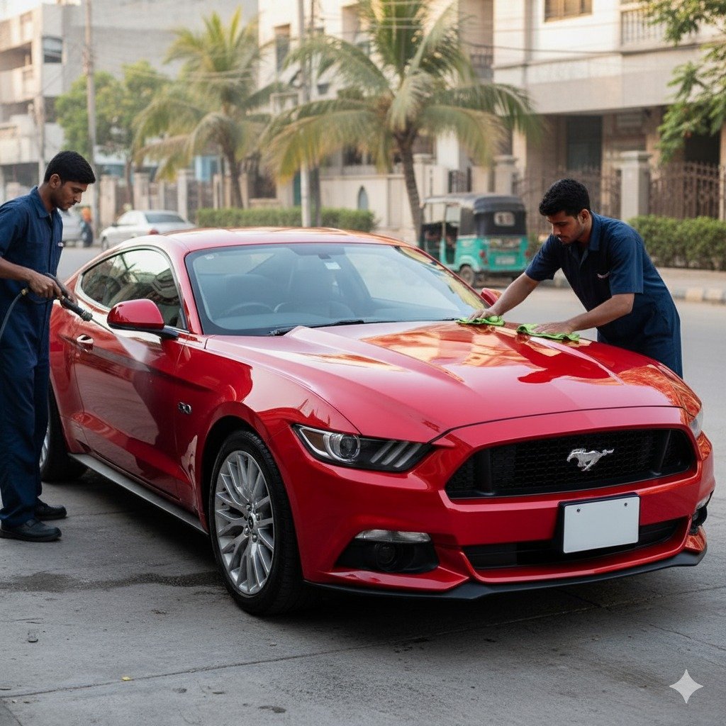 Ford Mustang car cleaning and detailing service in Karachi, technicians washing and polishing the muscle car for a showroom-quality finish.