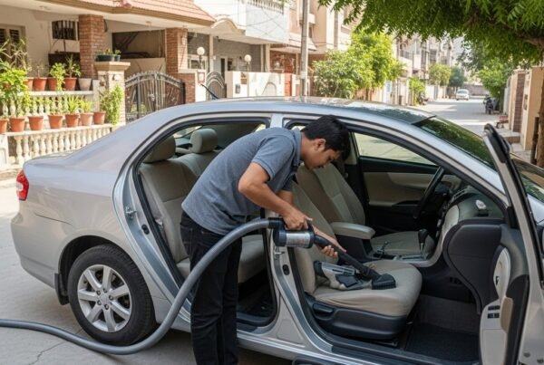 Person using a handheld vacuum with crevice tool and brush attachments to clean the interior of a Corolla in a Karachi driveway, showing floor mats, microfiber cloths, and hard-to-reach areas for thorough, hidden-dirt removal.