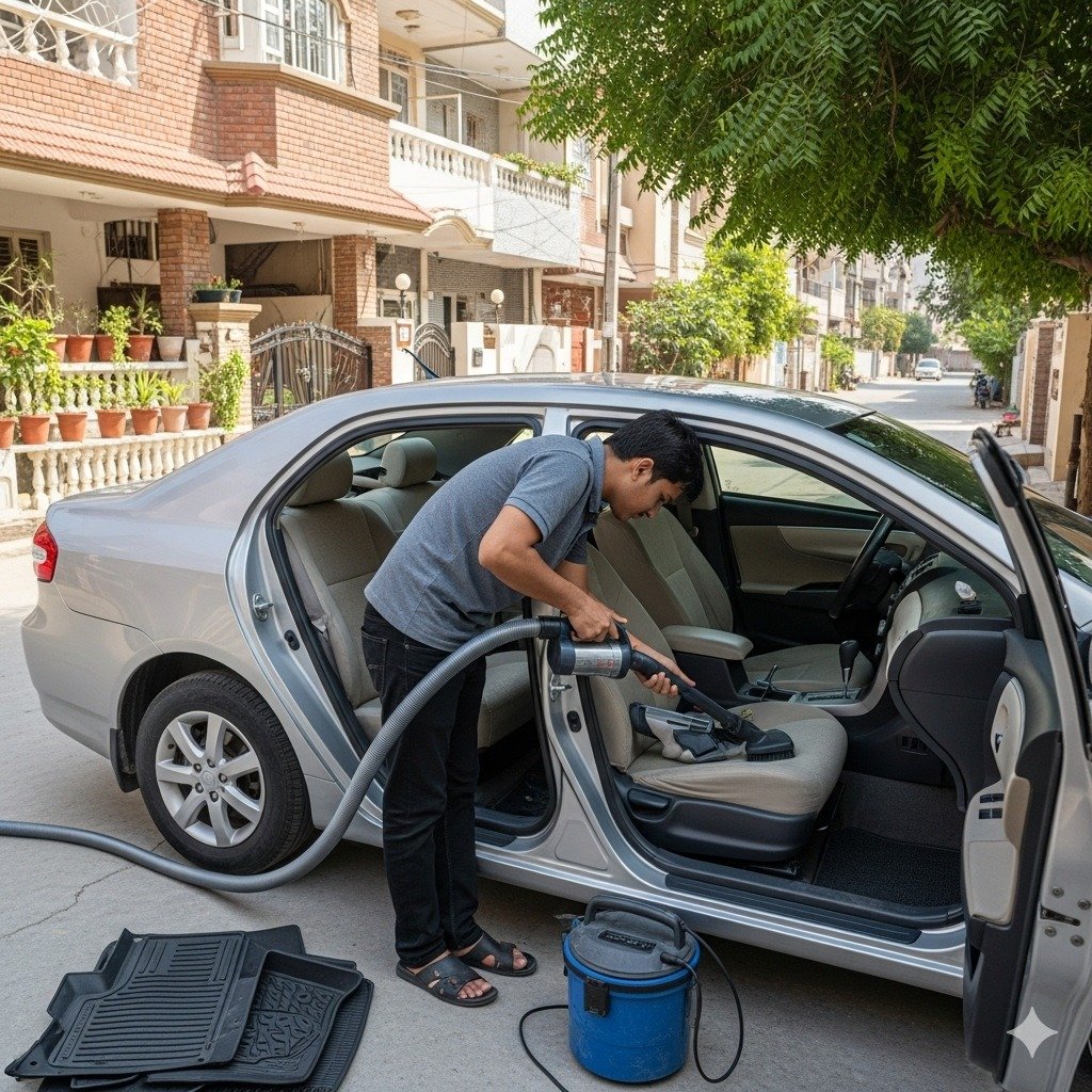 Person using a handheld vacuum with crevice tool and brush attachments to clean the interior of a Corolla in a Karachi driveway, showing floor mats, microfiber cloths, and hard-to-reach areas for thorough, hidden-dirt removal.