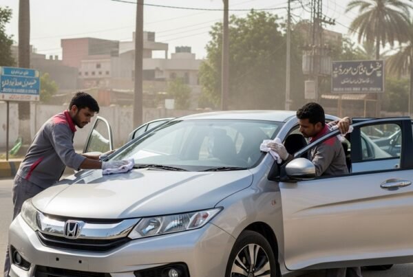 Honda City sedan being professionally detailed by two technicians on a Karachi street, showing polished exterior, clean interior, and city backdrop at Bulao.pk.