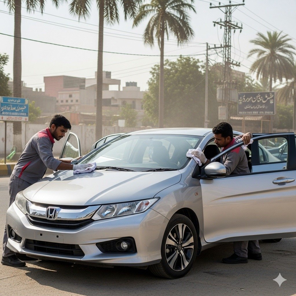 Honda City sedan being professionally detailed by two technicians on a Karachi street, showing polished exterior, clean interior, and city backdrop at Bulao.pk.