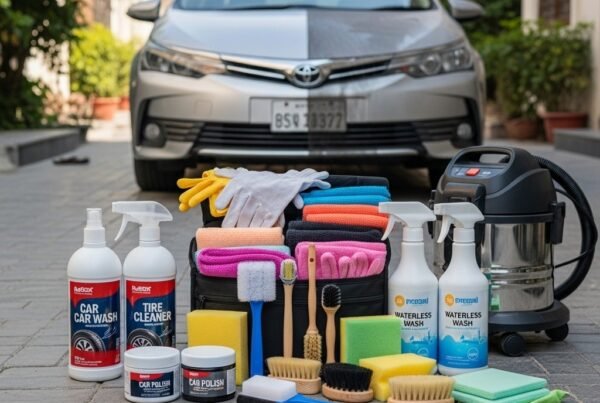 DIY car cleaning kit with car wash soap, microfiber cloths, sponges, brushes, spray bottles, polish, wax, and vacuum cleaner neatly arranged in a caddy beside a mid-size car in a Karachi home driveway, showcasing eco-friendly and budget-friendly car cleaning tools