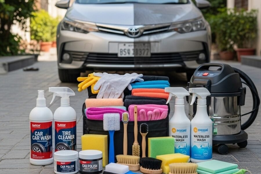 DIY car cleaning kit with car wash soap, microfiber cloths, sponges, brushes, spray bottles, polish, wax, and vacuum cleaner neatly arranged in a caddy beside a mid-size car in a Karachi home driveway, showcasing eco-friendly and budget-friendly car cleaning tools