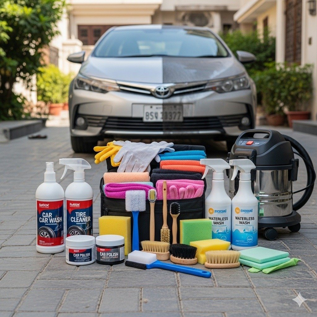DIY car cleaning kit with car wash soap, microfiber cloths, sponges, brushes, spray bottles, polish, wax, and vacuum cleaner neatly arranged in a caddy beside a mid-size car in a Karachi home driveway, showcasing eco-friendly and budget-friendly car cleaning tools