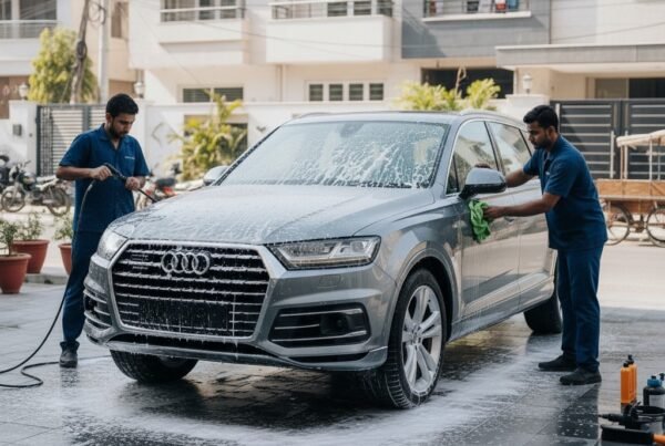 Two professional technicians in plain navy-blue uniforms detailing a shiny Audi Q7 SUV outdoors in Karachi, using foam wash and microfiber cloth, with clean urban background and no visible number plate details.