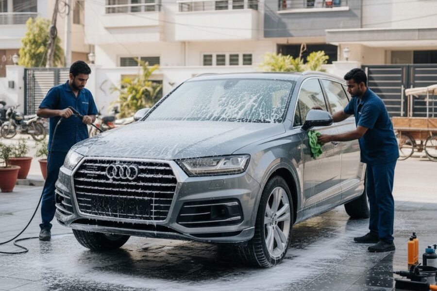 Two professional technicians in plain navy-blue uniforms detailing a shiny Audi Q7 SUV outdoors in Karachi, using foam wash and microfiber cloth, with clean urban background and no visible number plate details.