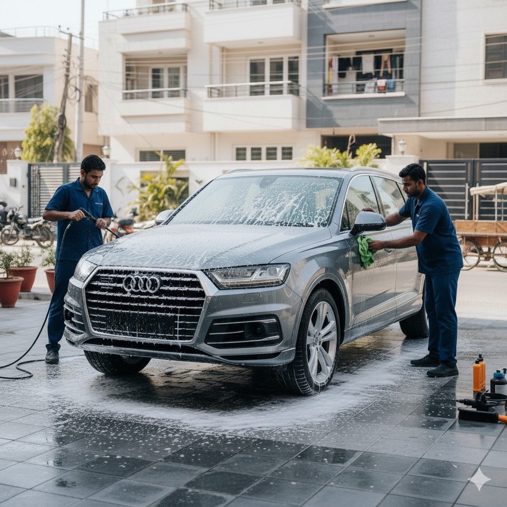 Two professional technicians in plain navy-blue uniforms detailing a shiny Audi Q7 SUV outdoors in Karachi, using foam wash and microfiber cloth, with clean urban background and no visible number plate details.