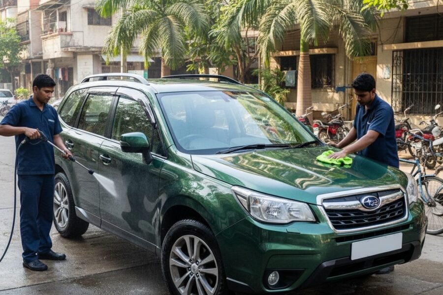 Subaru Forester cleaning and detailing service in Karachi with technicians washing and polishing the SUV for a spotless, showroom-quality finish.