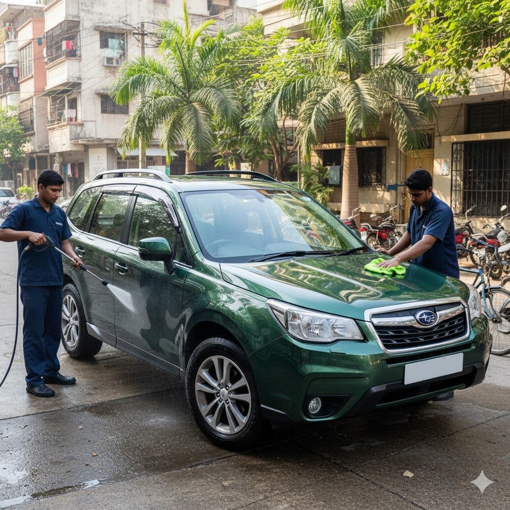 Subaru Forester cleaning and detailing service in Karachi with technicians washing and polishing the SUV for a spotless, showroom-quality finish.